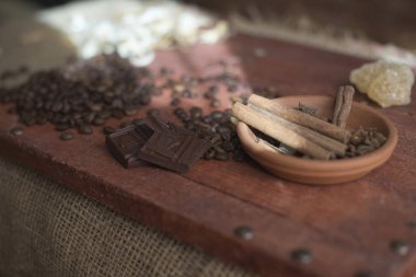 Çikolata ve kahve. Koyu çikolata ve kahve tahıllar. Yüksek miktarda kafein. Tatlı sıcak içecek.