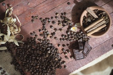 Çikolata ve kahve. Koyu çikolata ve kahve tahıllar. Yüksek miktarda kafein. Tatlı sıcak içecek.