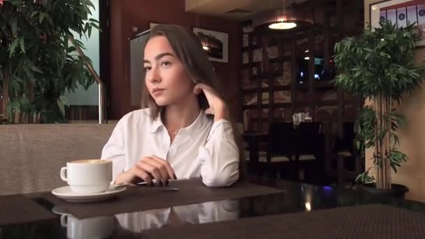 Sensuele jonge zakelijke vrouw grinkig thee in een café. Sexy glimlachend en flirts — Stockvideo