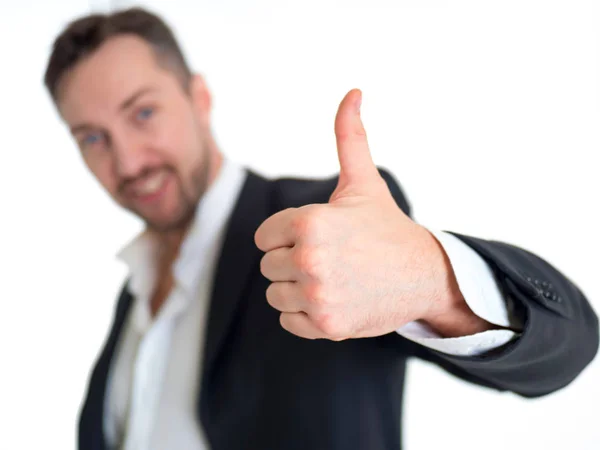 Hombre de negocios sonriente con el pulgar hacia arriba, aislado sobre fondo blanco — Foto de Stock