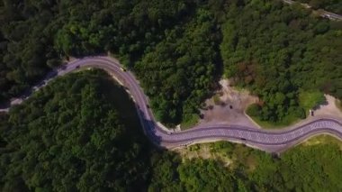 Yoğun Woods her iki bakış açısıyla dron dört helikopter kuşlar göz görünümü yukarıdan ateş - büyüyen yeşil ağaçlar hareket otomobil kamyonetle yaşlı yamalı iki şeritli orman yolu üzerinde uçan havadan görünümü.