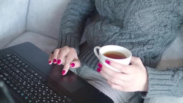 在咖啡厅工作的现代笔记本电脑的妇女 关闭笔记本电脑触摸板上的手工作视图 — 图库视频影像