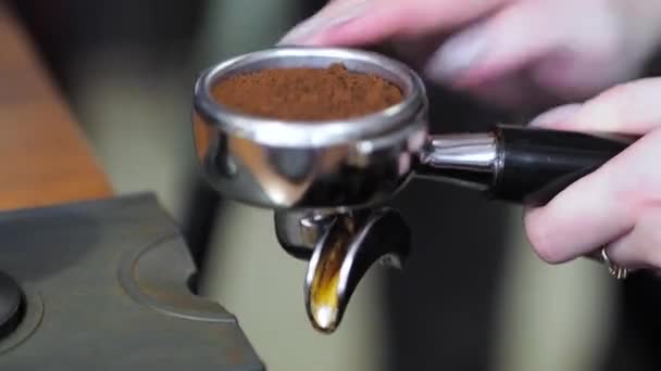 Закрыть руки бариста делает эспрессо в кафе. Бариста отжимает кофе с тампером в портафильтре . — стоковое видео
