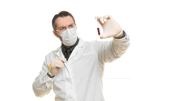 Male doctor holding test tube with virus sample of a blood on white. Medical concept. — Stock Photo, Image