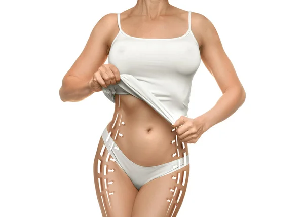 Conceito de controle de peso - corpo feminino perfeito isolado em fundo branco — Fotografia de Stock