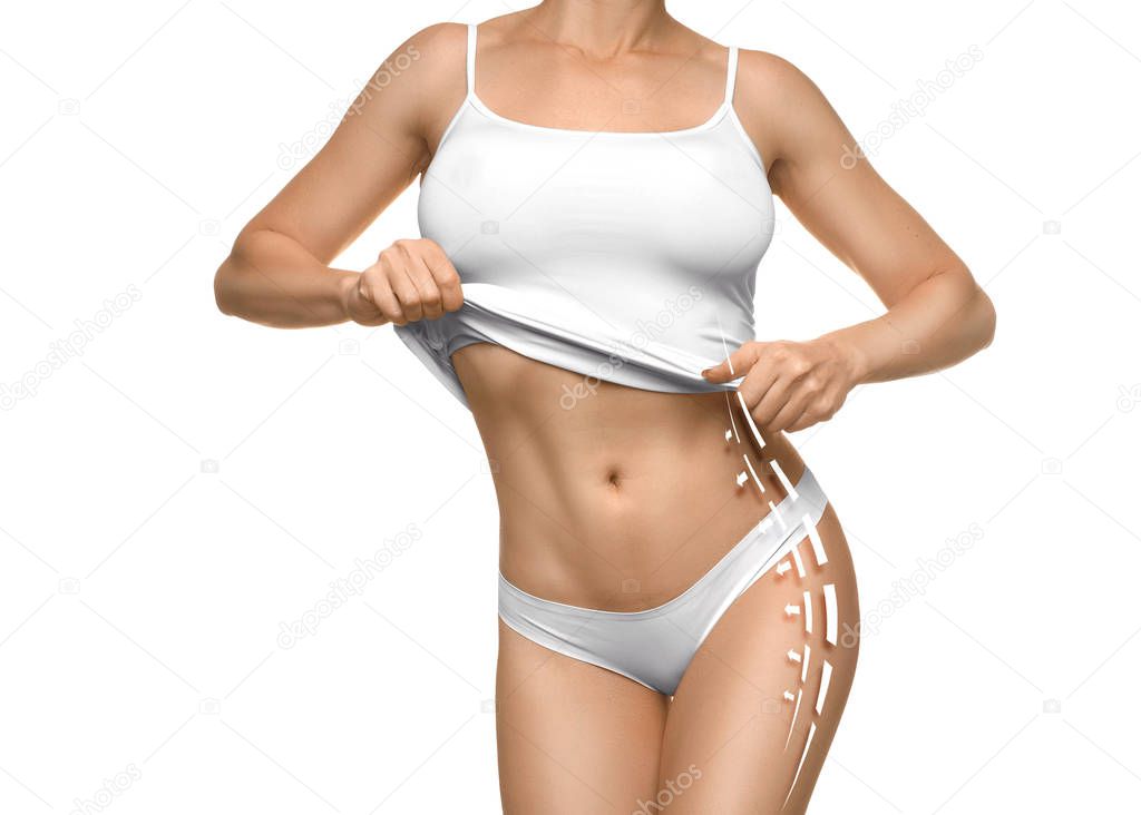 Shape female body with slimming lines and arrows isolated on white background.