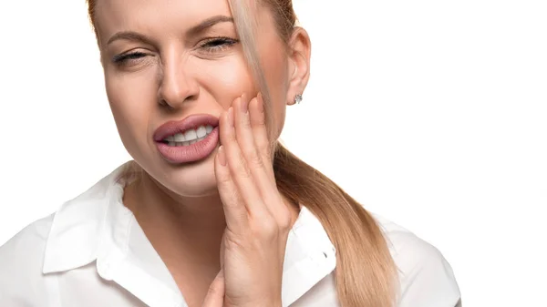 Young woman feel strong toothache. Photo on white background. — 스톡 사진