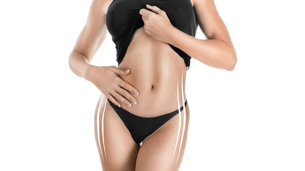 Female sexy body in black underwear with correction lines on the body. — Stock Photo, Image