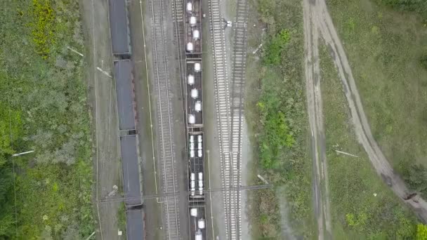 Vista superior: trenes de mercancías sobre raíles . — Vídeo de stock