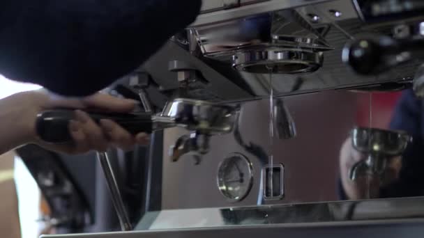 Espresso coffee from machine. Close up footage. — Stock Video