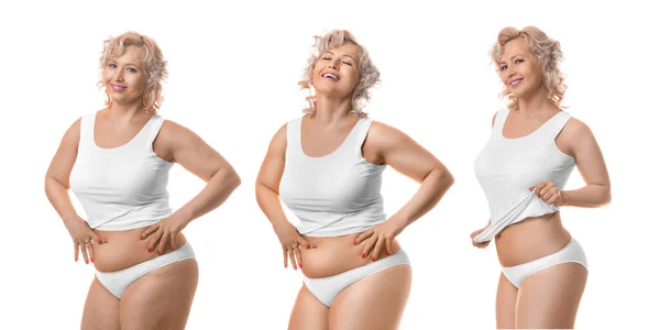 Усміхнена модель схуднення середнього віку. Процес схуднення . — стокове фото