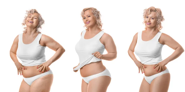 Zayıflamanın süreci. Mutlu gülümseyen orta yaşlı, beyaz iç çamaşırlı bir model..