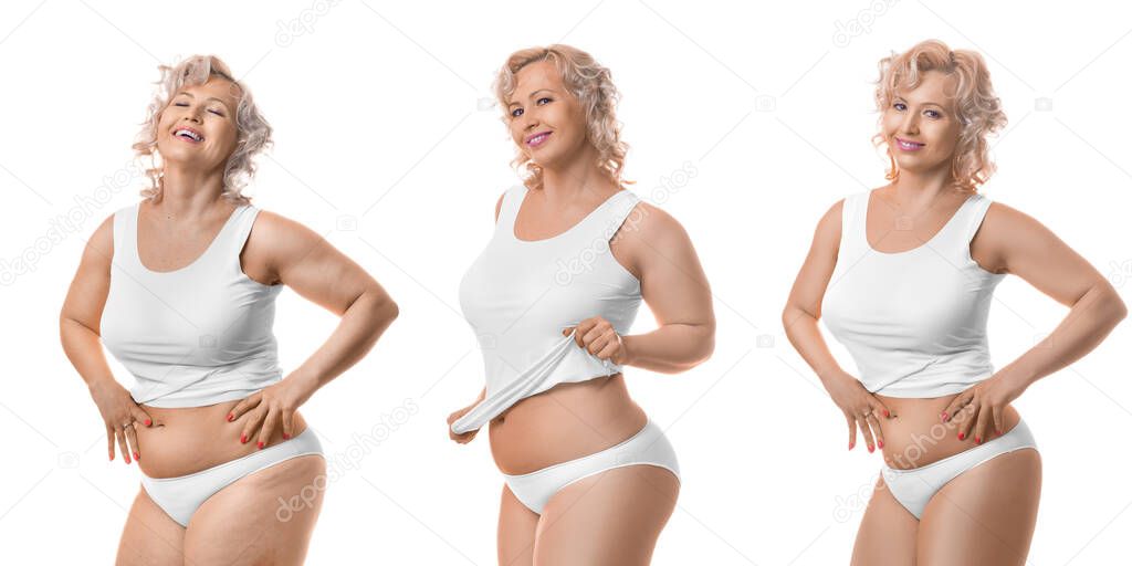 Process of slimming. Happy smiling middle aged plus size model in white lingerie.