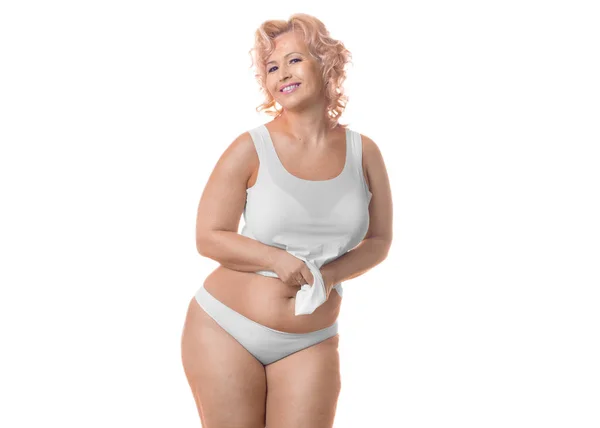 Sorridente più dimensioni donna su sfondo bianco. Prima di dieta . — Foto Stock