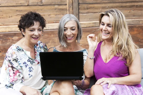 Szép hölgyek mosolyogva nézett valamit a laptop — Stock Fotó