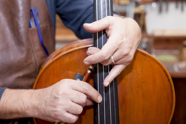 Portrait de violoniste mature tout en testant les violons dans son — Photo