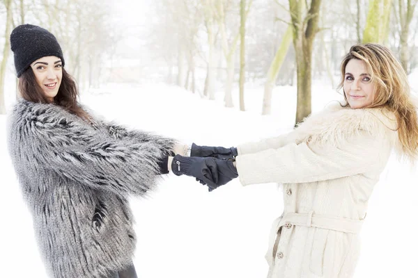 Madre e hija cogidas de la mano en la nieve —  Fotos de Stock