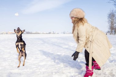 güzel Bayan kar kırsal kesimde köpeğiyle oynamaya