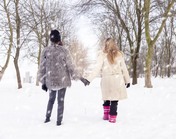Mamma och dotter promenader i snön i handen — Stockfoto