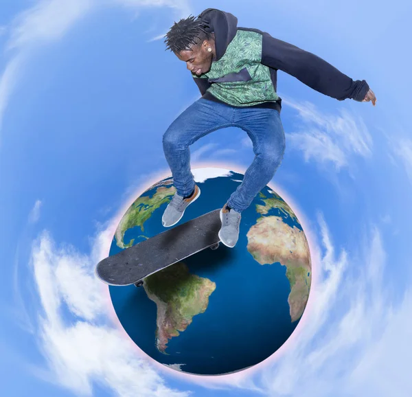 Young skateboarder jumping over the planet earth aerial view — Stock Photo, Image