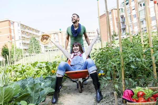 Man pushes his girlfriend in wheelbarrow in the garden — Stock Photo, Image