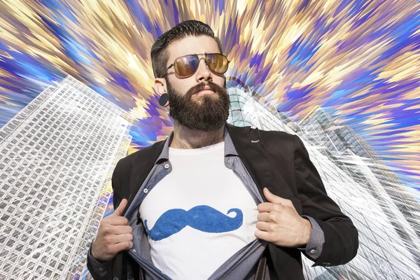 Jonge hipster superheld tegen gekleurde achtergrond — Stockfoto