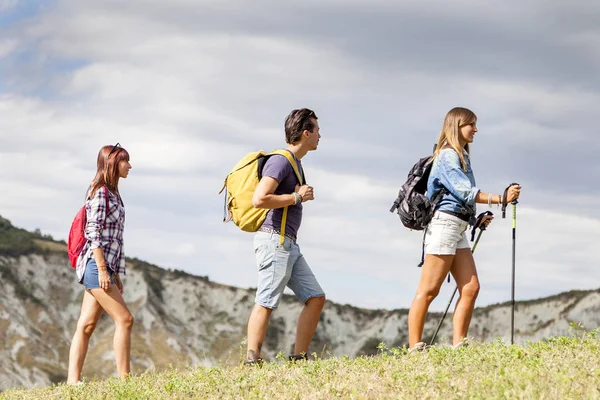 Grupo de jovens caminhantes caminhando em direção ao horizonte sobre a montanha — Fotografia de Stock