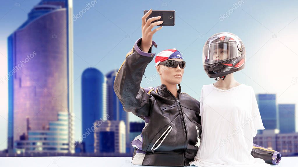 pair of dummies tourists take a selfie