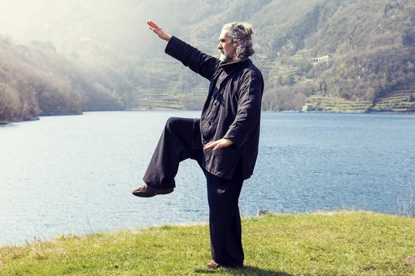 Hombre maduro practicando Tai Chi disciplina al aire libre — Foto de Stock