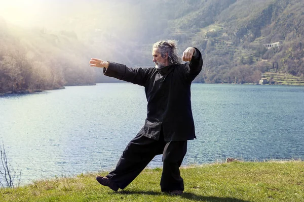 Hombre maduro practicando Tai Chi disciplina al aire libre — Foto de Stock