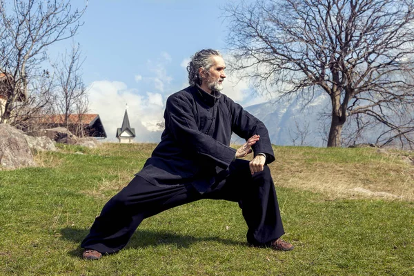 Зрілою людиною, що практикують Тайцзи дисципліни на відкритому повітрі — стокове фото