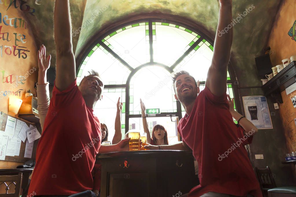 group of people celebrating in a pub drinking beer