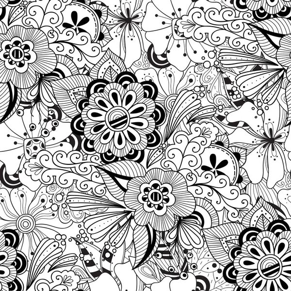 Preto e branco mão desenhado vetor flores e folhas sem costura padrão — Vetor de Stock