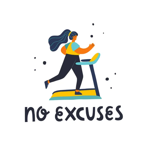 Vector Illustration Young Woman Running Treadmill Excuses Hand Lettering Flat — ストックベクタ