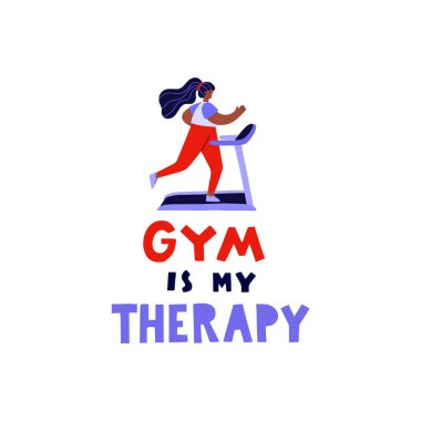 Spor salonuyla koşu bandı çizen genç bir kadın benim terapi harflerim. Çalışan bir kızın düz çizimi ve motivasyon amaçlı el yazısı..