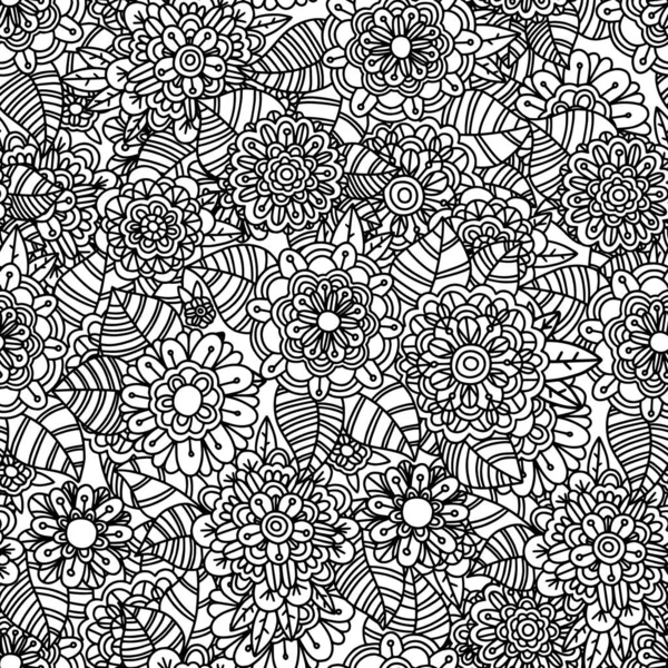 Doodle Czarno Białe Kwiatowe Tło Narysowane Ręcznie Kwiaty Liście Zentangle — Wektor stockowy