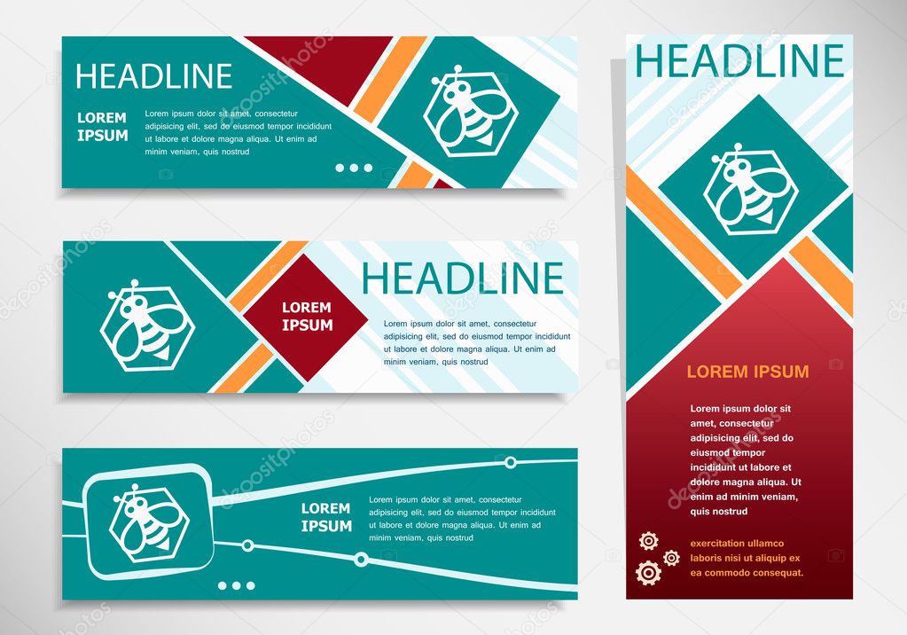 Bee in the hexagon icon on horizontal and vertical banner. Modern abstract flyer, banner, brochure design template.