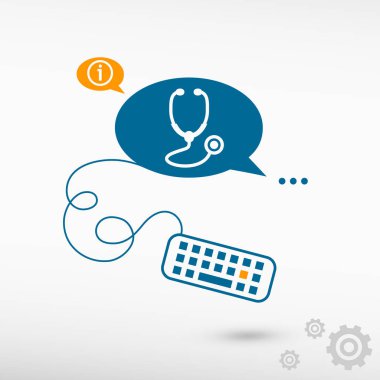 Stetoskop simgesi ve sohbet konuşma balonları klavyede