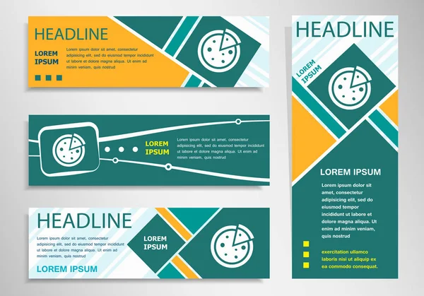 Icône de pizza sur la bannière de réduction horizontale et verticale, en-tête — Image vectorielle