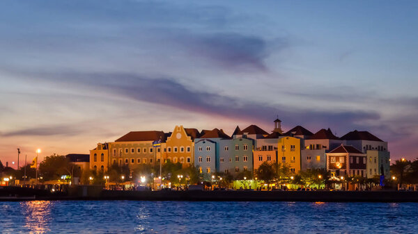 Willemstad sunset in Curacao with night lights