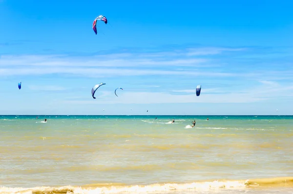 Cumbuco Brazil Jul 2017 Panoramic View Lots People Doing Kitesurfing — Stock Photo, Image