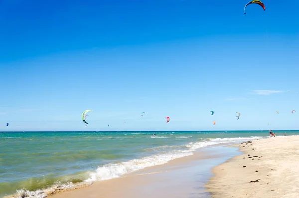 A lot of kite surfers on the air in Cumbuco — Stock Photo, Image