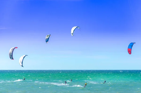 Panoramic view with lots of people doing kitesurfing — Stock Photo, Image