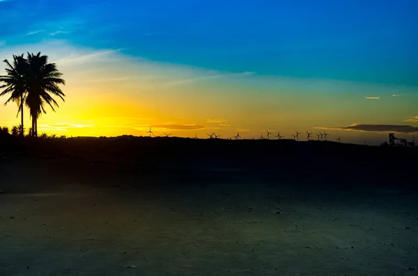 Paysage Plage Coucher Soleil Avec Des Moulins Vent Sur Fond — Photo