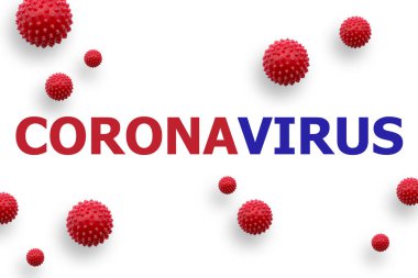 Coronavirus (Covid-19) beyaz izole arkaplanda virüs çizimi içeren logosu.
