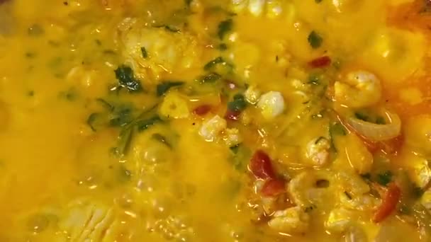 Cocinar Plato Moqueca Comida Tradicional Brasileña Elaborada Con Pescado Camarones — Vídeos de Stock