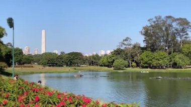 Sao Paulo, Brezilya - 10 Mayıs 2020: Korona virüsü yüzünden şehrin en büyük parkı olan Ibirapuera parkında güneşlenen insanlar.
