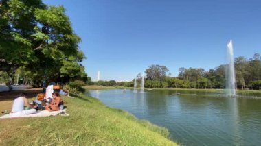 Sao Paulo, Brezilya - 10 Mayıs 2020: Korona virüsü yüzünden şehrin en büyük parkı olan Ibirapuera parkında güneşlenen insanlar.