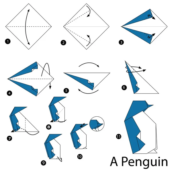 Schritt für Schritt Anleitung, wie man Origami zu einem Pinguin macht. — Stockvektor