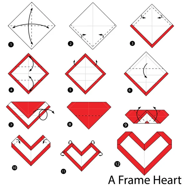 Step by step instructions how to make origami A Frame Heart. — Stock Vector